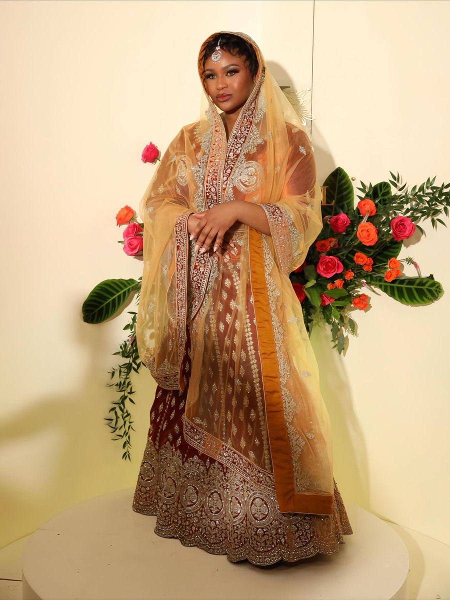 Saffron gown and veil, full length