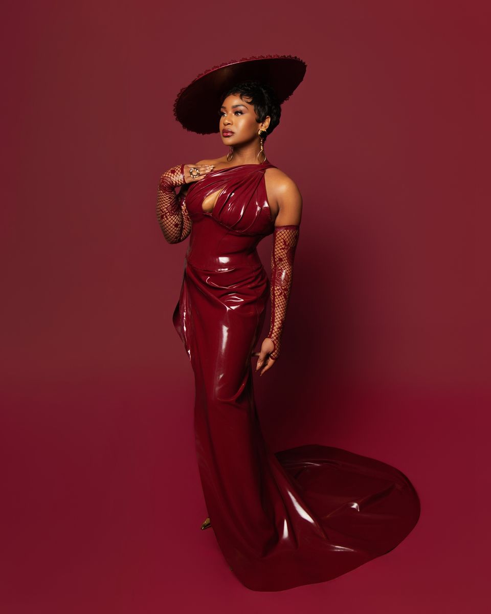 Oxblood gown with a long train