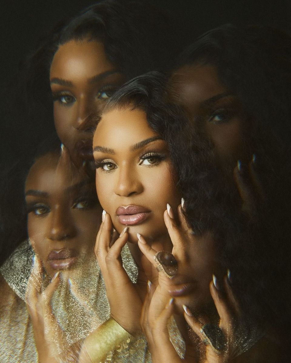 Layered portrait with gold hands and jewelry