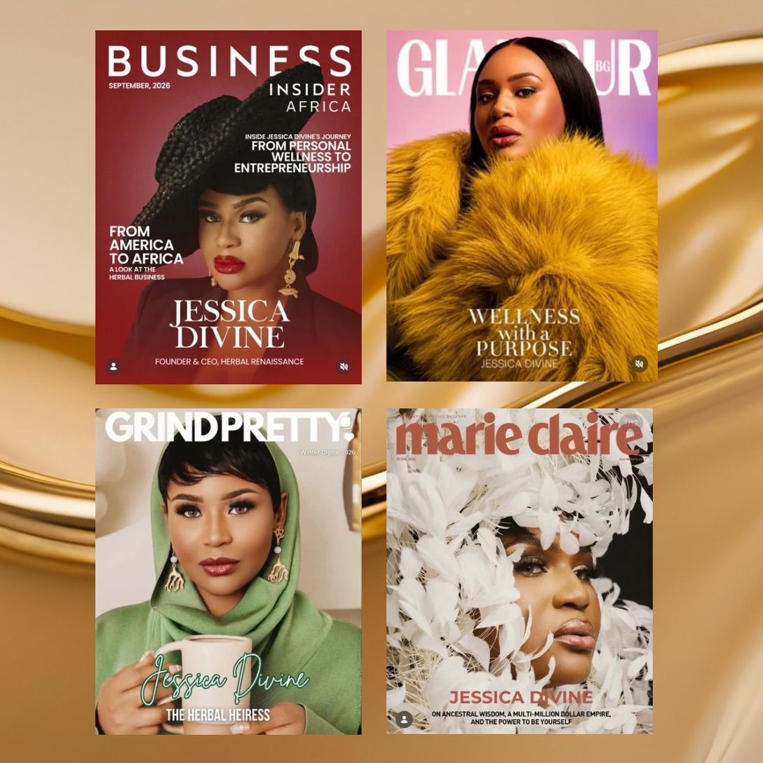 Four magazine covers featuring Jessica Divine: Business Insider Africa, Glamour, Grind Pretty and Marie Claire
